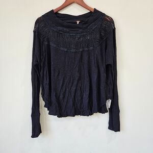 Free People Women Waffle Knit Ribbed Sweater Black Small Whimsigoth Lace Raw Hem